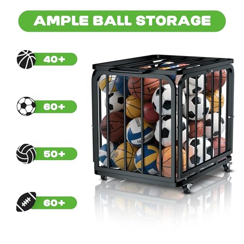 MR Foldable Ball Cart with Wheels, Heavy-Duty Ball Cage Garage Sports Equipment Organizer, Collapsible Metal Rolling Multi Sports Ball Storage for Gym, Lockable Lid, Indoor and Outdoor