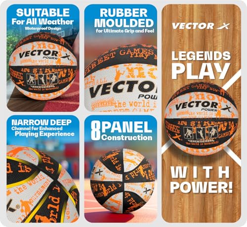 Vector X Power Basketball | for Men & Boys | Material: Rubber | Water Resistant Ball | Moisten Needle Before Insterting
