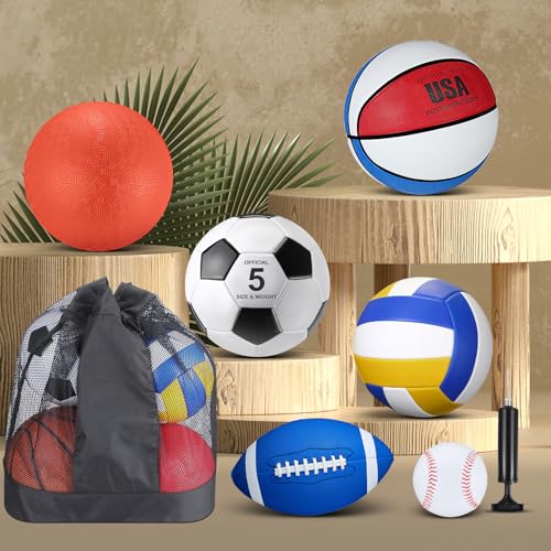 Libima 6 Pcs Multi Sport Ball Set Official Size Football Basketball Soccer Volleyball Playground Ball Baseball with Outdoor Sports Equipment Bag Pump Back to School Sports Gift - style: Multi Style