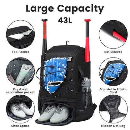 Softball Bag,Softball Bat Bag For Youth Adults,Baseball Bag with Fence Hook for TBall Bat & Equipment,Lightweight Baseball Bat Backpack with Shoe Compartment,Large Main Compartment for Helmet - color: Black