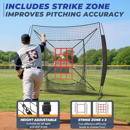7 x 7 ft Baseball Net with Batting Tee, Baseball Softball Batting Net with Strike Zone for Practice Hitting Pitching Fielding, Quick Setup, Portable, with Carry Bag, 4 Ground Stakes