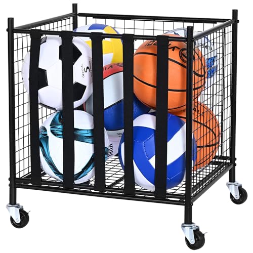 VEVOR Rolling Sports Ball Storage Cart, Lockable Basketball Cage with Double Lids, Sport Equipment Holder Organizer for Indoor Outdoor, Steel Storage Rack for Garages, Playgroup, Gym and Schools