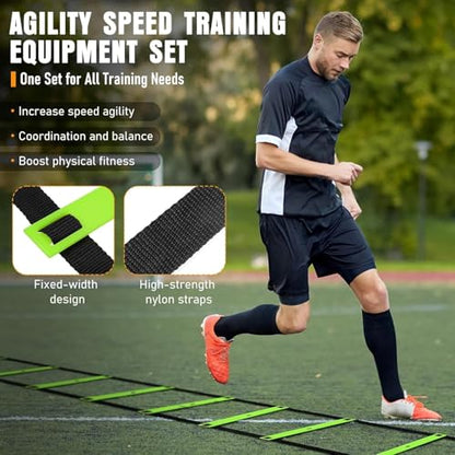 Agility Ladder & Soccer Goal Training Set, 20ft Speed Ladder with Cones, Hurdles, Jump Rope & Parachute, Plus 2 Pack Pop Up Kids Soccer Goals with Ball & Cones for Backyard Sports Practice