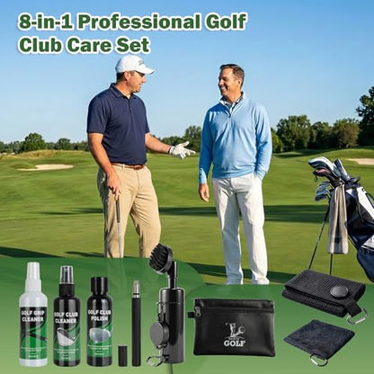 Golf Club Cleaning Kit, 8-in-1 Club Care Set with Cleaner, Brush, Groove Sharpener, Grip Cleaner, Polish, Magnetic Towel, Ball Towel & Portable Bag - Restores Shine, Removes Rust, Renews Grip