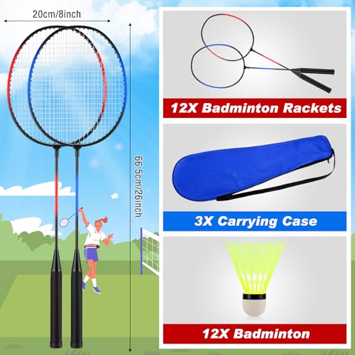 12 Pack Badminton Rackets Set Including Badminton Racquets, Nylon Shuttlecocks and Carry Bag for Outdoor Backyard Games Beginners - color: Blue Black, Red Black