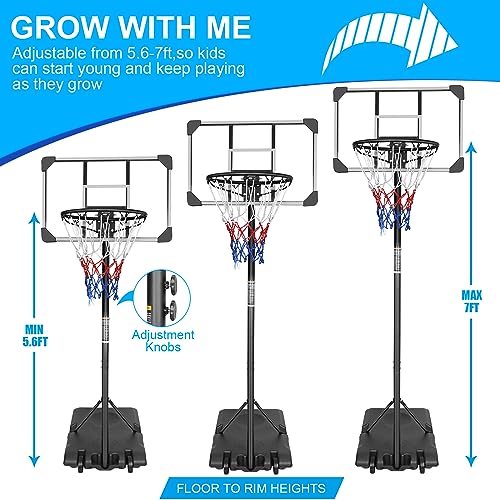 Portable Basketball Hoop System 5.6–7ft Adjustable Basketball Goal with 28 Inch Shatterproof Backboard, Heavy Duty Basketball Stand with Wheels, Indoor Outdoor Basketball Hoop for Kids Youth Driveway