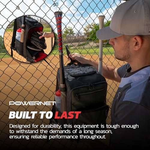 PowerNet Coach's Baseball Backpack, Softball & Baseball Bag for Coaching Gear with Laptop Sleeve and Zippered Pockets, Coach Bat Bag with Chain-Link Fence Hook and Luggage Strap