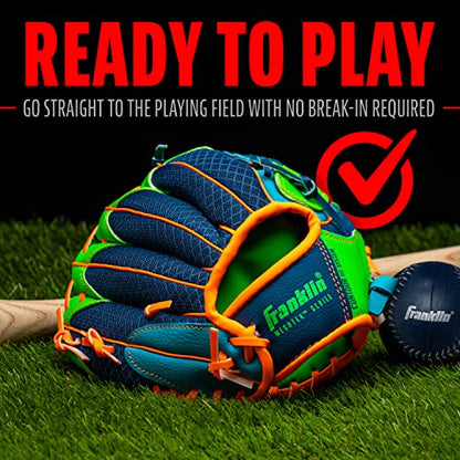 Franklin Sports Kids Baseball Glove + Foam Ball Sets - Meshtek Youth Teeball Gloves for Kids + Toddlers - Left + Right Hand Throw - 9.5" Inch - color: Navy/Lime/Orange
