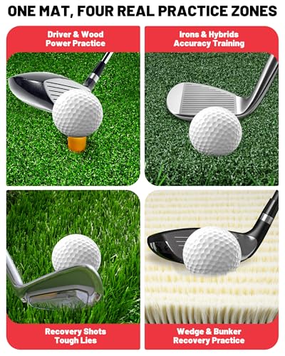 4-in-1 Golf Hitting Mat, Golf Practice Mat with Fairway, Rough, Sand & Tee Turf, Indoor Outdoor Golf Training Mat for Driving, Chipping & Putting with Golf Mat Tees