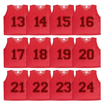 Athllete 12 pcs Duramesh Pinnies/Scrimmage Vest - Kids Youth and Adult Pinnies, Numbered Penny Jerseys for Soccer - color: Red Numbered Front/Back (13-24), size: Large