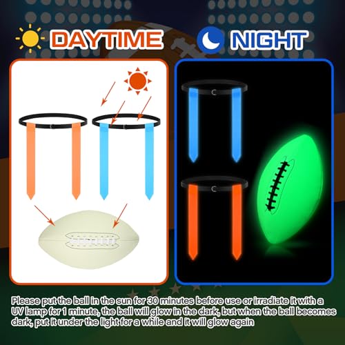 Libima Glow in the Dark Capture the Flag Game Sets, 10 Glow in the Dark Adjustable Flag Football Belts 1 Size 9 Luminous Football 50 Luminous Sticks 1 Storage Bag Outdoor Games for Kid Teen Day Night
