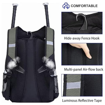 DAFISKY Baseball Bag Softball Backpack - Youth Adult T Ball Bat Equipment Bag with Bat Helmet Holders, Shoe Compartment - color: Grey