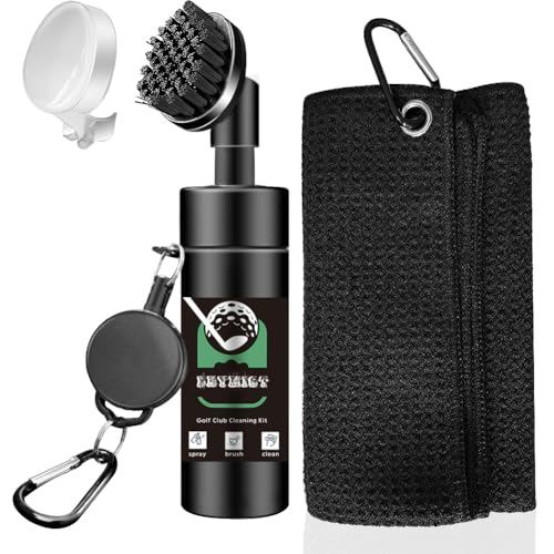 Golf Towel and Brush Set, Premium Golf Towel (15 x 14 inch) & Club Brush Cleaner with Retainer Clip and Squeeze Water Bottle, Essentials Golf Accessories for Men, Golf Gifts for Men