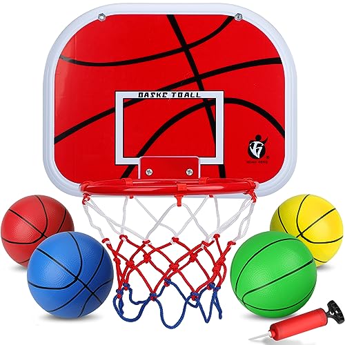 Mini Basketball Hoop Set for Kids Adults, Indoor Play Wall Mount Basketball Hoop for Door with 4 Small Replacement Toddler Basketballs, ABS Backboard Metal Rim Goal Sport Gifts for Pool Game Fun - style: Red + Rainbow Rubber Basketballs
