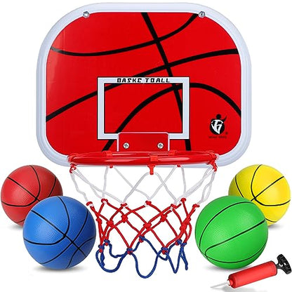 Mini Basketball Hoop Set for Kids Adults, Indoor Play Wall Mount Basketball Hoop for Door with 4 Small Replacement Toddler Basketballs, ABS Backboard Metal Rim Goal Sport Gifts for Pool Game Fun - style: Red + Rainbow Rubber Basketballs