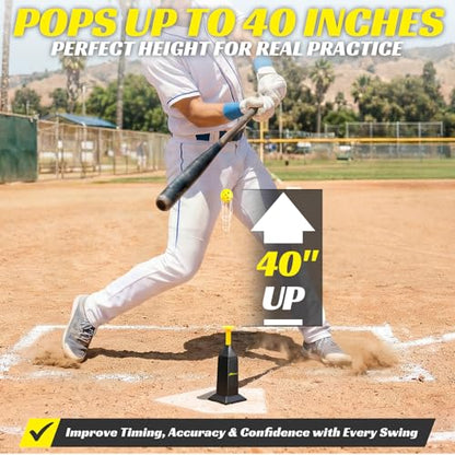 Automatic Pops Baseball Tee with 12 Mini Balls,Height Up to 40inch Batting Tee Without a Pitcher For Solo Practice,Improve Swing Timing&Accuracy, Portable Pitching Machine Softball Tee For ALL Players