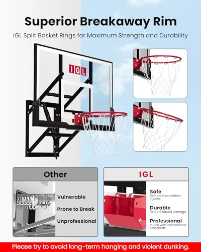 IGL Wall Mount Basketball Hoop, 54in Basketball Hoop Outdoor with Shatterproof Backboard, 7.5ft-10FT Height Adjustable,Heavy Duty Breakaway Rim Combo Fit Most Slanting Roofs