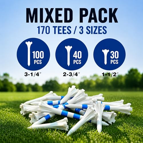 CHAMPKEY Professional 170 Pack 5-Prong Plastic Golf Tees 3 Sizes Assorted Pack - 100 Pcs 3-1/4" with 40 Pcs 2-3/4" and 30Pcs 1-1/2" Golf Tees Plastic