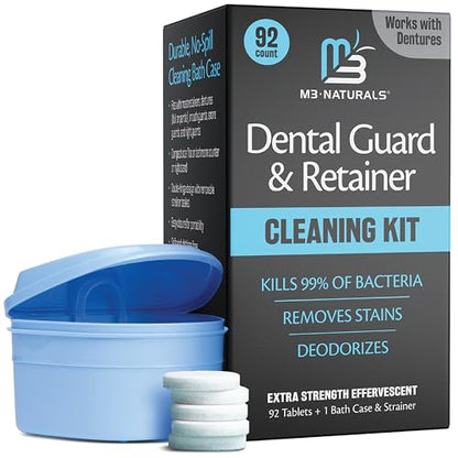 Retainer Cleaner and Soak Container, No-Mess Cleaning Tablets with Universal Denture Bath Case and Strainer, Multipurpose, for Mouth Guard Stains, Odor, and Plaque (92 Tablets + 1 Bath) by M3 - size: Dental Cleaning Kit (1 Count)