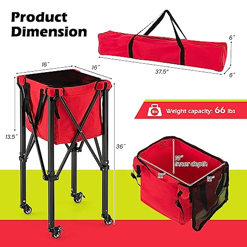 Tennis Ball Hopper Cart with Wheels, Portable Tennis Ball Basket Holds 150 Balls, Collapsible Aluminum Tennis Basket for Balls Pickup, Pro Sports Teaching Cart for Tennis Pickleball Baseball