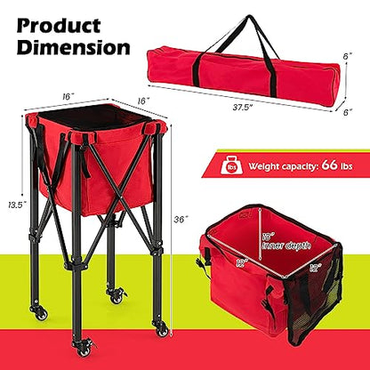 Tennis Ball Hopper Cart with Wheels, Portable Tennis Ball Basket Holds 150 Balls, Collapsible Aluminum Tennis Basket for Balls Pickup, Pro Sports Teaching Cart for Tennis Pickleball Baseball