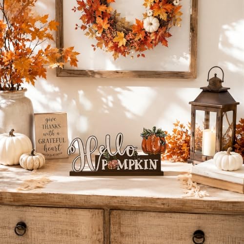 Smile Fall Thanksgiving Wooden Standing Decor, Hello Pumpkin Rustic Wood Tiered Tray Sign with Stand for Rustic Farmhouse Home Kitchen Shelf Mantel Decor - style: Letter Pumpkin