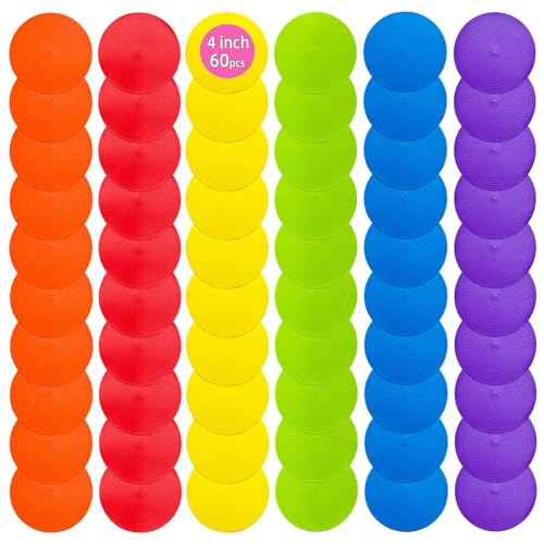 Spot Markers 4 Inch 9 Inch Non Slip Rubber Floor Markers Flat Field Cones Poly Dots for Soccer Basketball Sports Speed Agility Training and Drills - style: 4inch 60pcs 6colors
