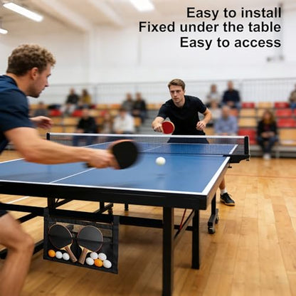 Ping Pong Paddle Holder with Mesh Storage Bag, Under Table Tennis Organizer with Adjustable Straps, Hanging Pickleball Paddle Rack for Balls & Paddles, Easy Install Space-Saving Storage