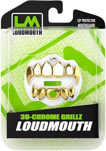 Loudmouth Football Mouth Guard - 3D Chrome Grillz Football Mouthpiece, Fits Adult & Youth, Mouth Guard Accessories (3D Grillz - Chrome White/Gold) - color: 3d Grillz - Chrome White/Gold