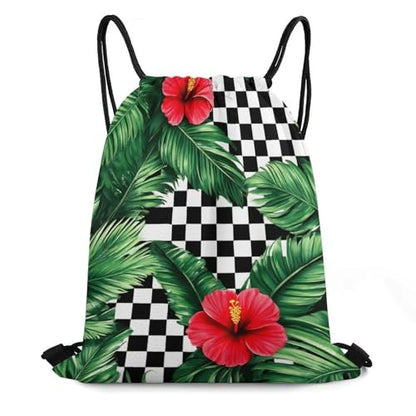 Water Resistant Drawstring Backpack Lightweight Sackpack for Yoga Gym Beach Travel, Men Women Unisex Sports Bag, Tropical Palm Leaves Hibiscus Bags - color: Picture (1013)