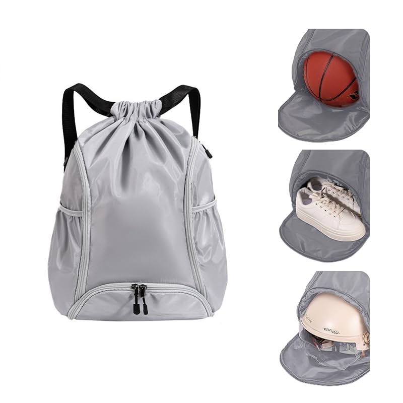 Sports Drawstring Backpack, Waterproof Swim Gym Bag for Women&Men, String Basketball Pack with Shoes Compartment, Grey - color: Grey