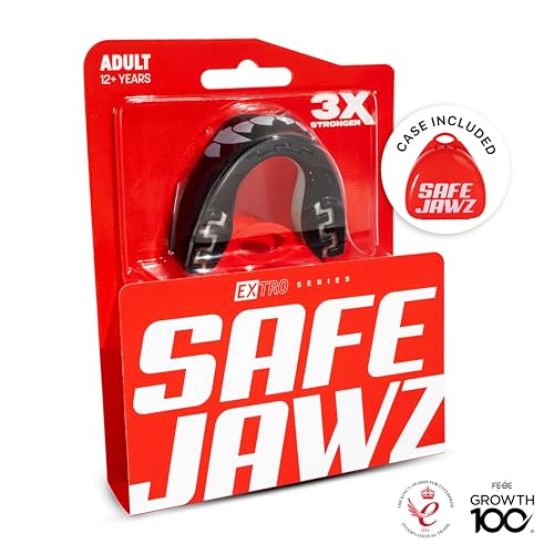 SAFEJAWZ Mouth Guard, Dual Layer Mouthguard for Adults with Case, Easy Fit Remoldable Mouthpiece for Football, Boxing, Lacrosse, MMA, Basketball & All Contact Sports (Adult 12+ Years, Black Fangz)
