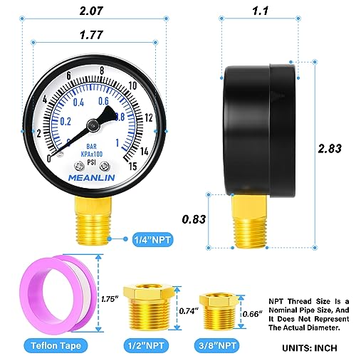 0-15Psi 2" DIAL FACE 1/4" NPT Well Pump Pressure Gauge, with 1/2" NPT and 3/8" NPT Hex Bushing, 3-2-3% Accuracy, Lower Mount - size: 0-15Psi, style: 1/4"NPT Lower Mount