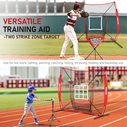 7x7 ft Baseball Net for Batting Pitching Hitting, Softball Pitching Net with Strike Zone, Tee, Ball Caddy, Softball Batting Net Baseball Training Equipment for Kids Adult Youth Sport Practice - color: Red