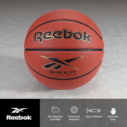 Reebok Elite Basketball, Official Size, Composite Leather, Anti-Slip Grip, Consistent Shape Retention, Includes Pump & Needle, VR-4K Series - color: Brown