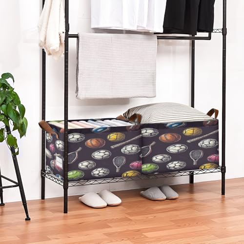 Ollabaky Collapsible Rectangular Closet Storage Bin Sports Rugby Football Soccer Baseball Basketball Tennis Hockey Puck Bowling Volleyball Shelf Basket Box with Leather Handles - Storage Cube, Nursery