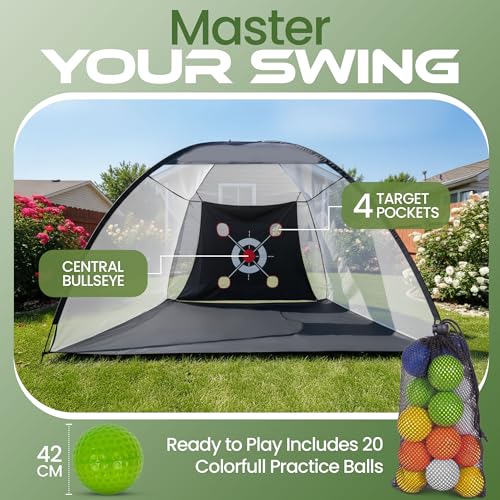 Golf Net for Backyard 10x7ft with 20 Foam Balls Set & Tri-Mat, Heavy Duty Golf Hitting Net Indoor Outdoor with Target, Home Training Equipment for Driving Chipping Swing Practice
