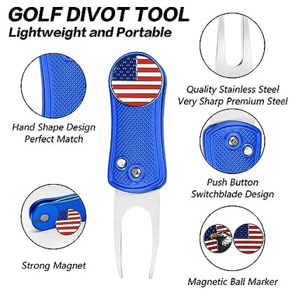 FINGER TEN Golf Divot Repair Tool and Ball Marker Switchblade Value Pack, Foldable Magnetic Stainless Steel with Pop-up Button for Men Women - color: B: 2 in Blue