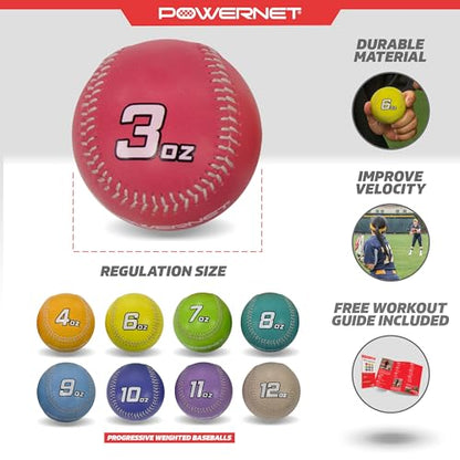 PowerNet Weighted Baseballs, Outdoor Baseball Training Equipment for Improving Throwing Velocity and Strength, 3-12 oz Weighted Training Balls & Throwing Guide