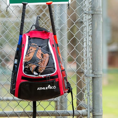 Athletico Baseball Bat Bag - Backpack for Baseball, T-Ball & Softball Equipment & Gear for Youth and Adults | Holds Bat, Helmet, Glove, & Shoes |Shoe Compartment & Fence Hook - color: Red