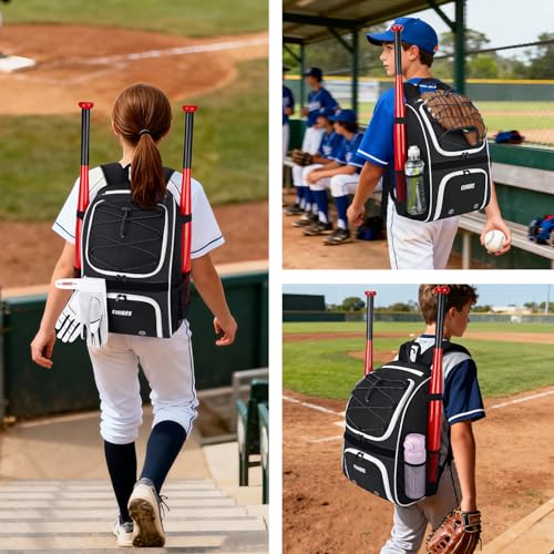 Youth Baseball Bag - Baseball Backpack Bat & Glove Holder, T-Ball & Softball Equipment & Gear,Large Main Compartment for Helmet & accessories, Fence Hook，Insulation Pocket - color: black