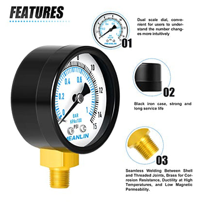 0-15Psi 2" DIAL FACE 1/8" NPT Well Pump Pressure Gauge, with 1/4" NPT and 3/8" NPT Hex Bushing, 3-2-3% Accuracy, Lower Mount - size: 0-15Psi, style: 1/8"NPT Lower Mount