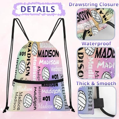 Custom Volleyball Style Drawstring Bag, Personalized Sports Ball Backpack Drawstring Sack Cinch Bags for Team Gift Party Favors, Colourful Glitters - color: Black
