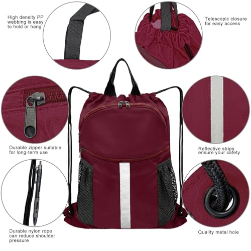 Drawstring Backpack with Shoes Bag Waterproof String Beach Bag for Sports Gym Swim（Red） - color: Red