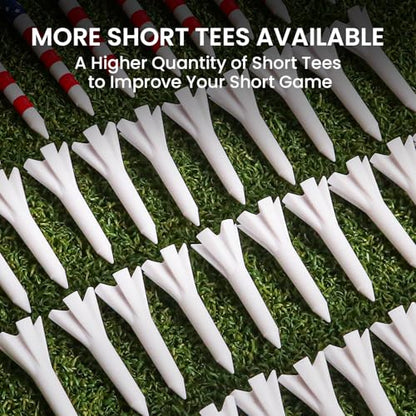 VEASAERS Golf Tees Plastic 30 USA Flag Long Tees 3 1/4 Inch and 20 More Short Tees 1 1/2 Inch Value Pack Gift Set American 5-Prong Tall Tee Unbreakable Easy to Find for Driving Range