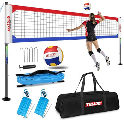 Heavy Duty Professional Volleyball Net Set Aluminum Poles, 32 ft Regulation Portable for Outdoor Backyard Beach, Anti-Sag, Adjustable Height & Length with Carry Bag - color: Red and Blue