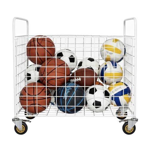 MyGift Professional Gym Metal Multi Sports Ball Storage Cart with Jumbo Industrial Wheels, Commercial Grade Portable Equipment Locker Cage for Basketball, Football, Soccer, Volleyball