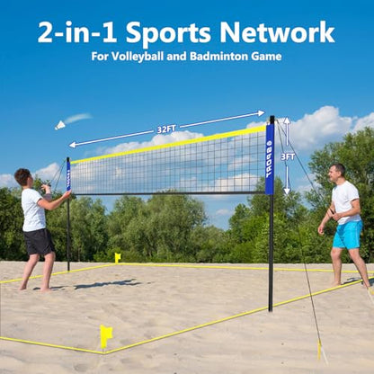Beach Volleyball Net System with 4 Sand Anchors.Easy Setup Adjustable Height Poles with 2 Volleyball Ball,Pump,Boundary Line，Carry Bag.Volleyball Net for Backyard,Grass and Lawn - size: 32FT