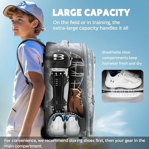 AUROTIER Rolling Baseball Backpack with Off-road Wheels, Wheeled Catchers Gear Bag for Baseball Equipment, 4 Bats, Large Softball Bag for TBall, Helmet & Accessories with Fence Hook - color: Grey-blue