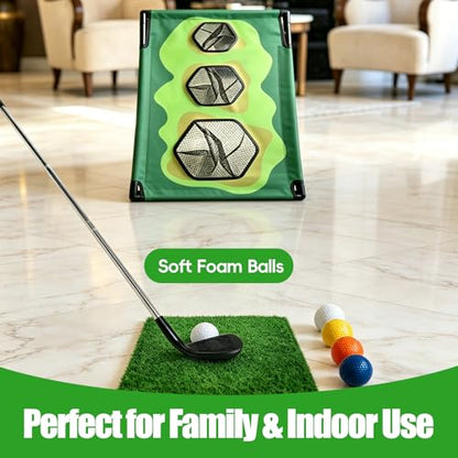 Golf Chipping Game Set with 2 Clubs & 1 Scoreboard - 2 Target Nets, 2 Turf Mats, 16 Foam Balls, Score Pen & Bag - Indoor/Outdoor Golf Training for Adults/Family
